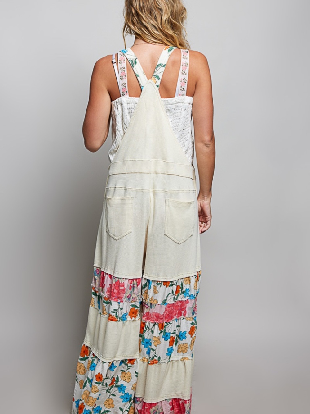 🌟 “The Phoebe" Cream Mixed Print Wide Leg Overalls - Picture 3 of 4